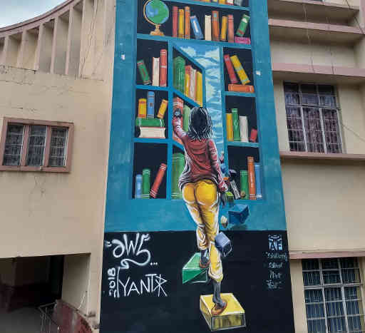 This mural at Shillong, India shows books opening a whole new world for the lady inside the painting